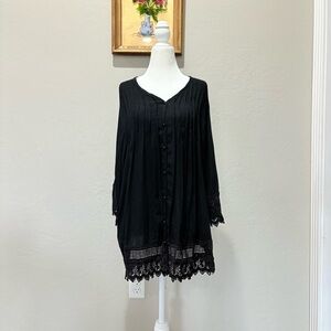 ❤️Blair Black Crochet Trim Button Front Tunic Top Women’s L